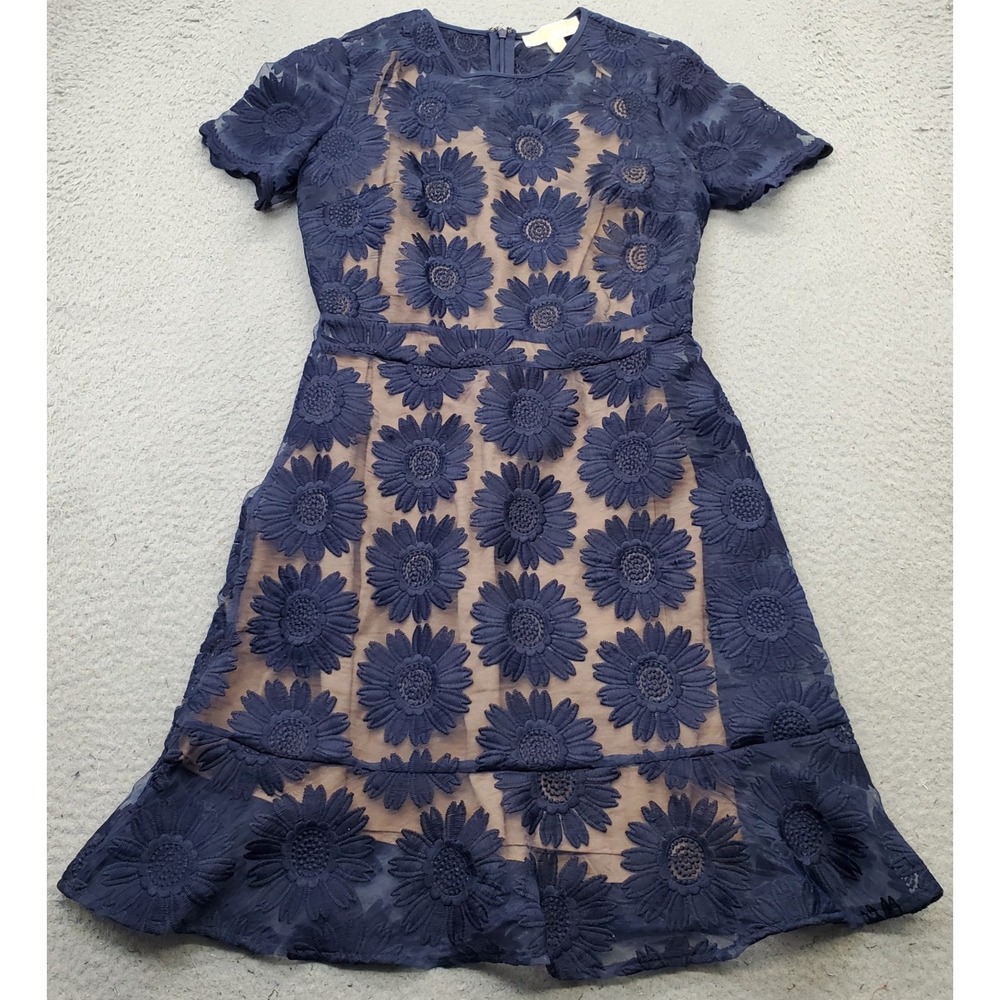 Michael Kors Fit & Flare Dress Womens 4 Blue Sunflower Embroidered Lace Overlay